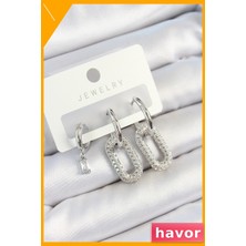 Havor Zirkon Taşlı Dikdörtgen Gümüş Küpe Seti 3 Parça