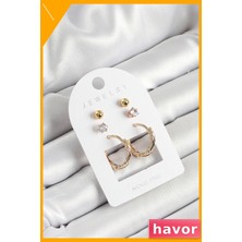 Havor Zirkon Taşlı Pirinç 3'lü Küpe Seti Altın Renk