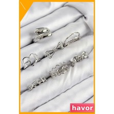 Havor Pirinç Zirkon Taşlı Fiyonk ve Kalp Desenli Gümüş Renk Yüzük Seti