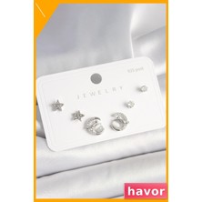 Havor 925 Ayar Gümüş Çivi Zirkon Taşlı Hilal Yıldız Kadın Küpeleri