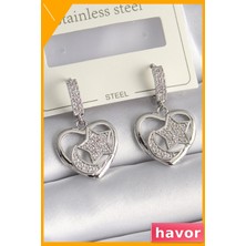 Havor Pirinç Kalp Desenli Zirkon Taşlı Ay Yıldız Küpe