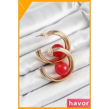 Havor Pirinç Halka Küpe Kırmızı Boncuk Detaylı Kadın Aksesuarı