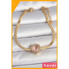 Havor Paslanmaz Çelik Kalp Tasarımlı Kadın Bilekliği Pembe Taşlı