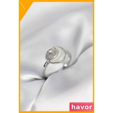 Havor Ayarlanabilir Pirinç Yüzük Zirkon Taşlı Gümüş Rengi