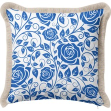 Hanna Home Mavi Gül Desenli Saçaklı Kırlent Kılıfı Kırlent Kılıfı Koltuk Takımı Aksesuarı 43X43 cm
