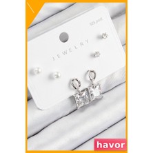 Havor 925 Ayar Gümüş Çivili Pirinç Zirkon Taşlı Kare Küpe Seti