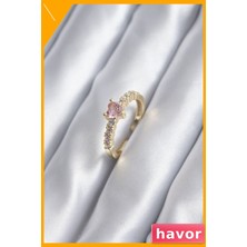 Havor Pembe Kristal Kalp Modeli Kadın Yüzük Zirkon Taşlı Ayarlanabilir
