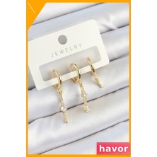 Havor Zirkon Taşlı Sallantılı 3'lü Küpe Seti Pirinç Kaplama