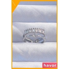 Havor Ayarlanabilir Pirinç Yüzük Zirkon Taşlı Su Yolu Desenli