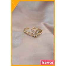 Havor Kelebek Model Ayarlanabilir Metal Yüzük Zirkon ve Kristal Taşlı Kadın Aksesuarı