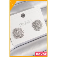 Havor Zirkon Taşlı Yonca Desenli Kadın Küpe Pirinç Gümüş Renk
