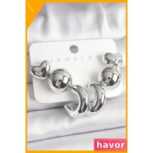 Havor Plastik Kalp Halka Figürlü Kadın Küpe Seti Gümüş Renk