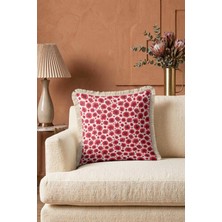 Hanna Home Dekoratif Kırlent Kılıfı Kırmızı Çiçek Desenli Oturma Odası Kırlenti Saçaklı Saçaklı Kırlent 43X43 cm