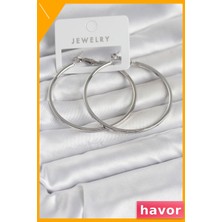 Havor Köşeli Kenar Halka Pirinç Küpe 54 mm Gümüş Renk Kadın