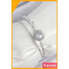 Havor Pirinç Kalp Desenli Zirkon Taşlı Kadın Bilekliği