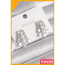 Havor Zirkon Taşlı Yaprak Desenli Pirinç Kadın Küpe