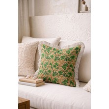 Hanna Home Dekoratif Yastık Kılıfı Klasik Desenli Altın Yeşil Ev Dekorasyonu Saçaklı Yastık Kılıfı 43X43 cm