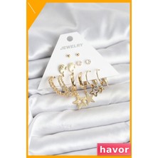 Havor 6 Çift Yıldız Desenli Kadın Küpe Seti Pirinç Malzeme