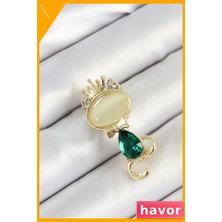 Havor Zirkon Taşlı Kedi Figürlü Kadın Broş Altın Kaplama