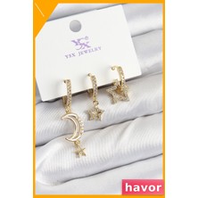 Havor Pirinç Ay ve Hilal Desenli Zirkon Taşlı Kadın Küpe Seti