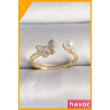 Havor Ayarlanabilir Pirinç Yüzük Zirkon Taş ve Inci Detaylı