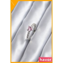 Havor Pembe Kristal Kalp Desenli Kadın Yüzüğü Zirkon Taşlı