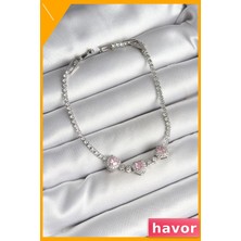 Havor Pembe Kalp Desenli Zirkon Taşlı Kadın Bileklik Pirinç Malzeme
