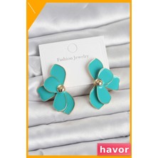 Havor Lotus Desenli Pirinç Kadın Küpe Turkuaz Mine