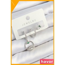 Havor Zirkon Taşlı Göz ve Baykuş Desenli 3'lü Gümüş Renk Küpe Seti