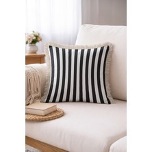 Hanna Home Saçaklı Kırlent Kılıfı Kırlent Kılıfı Siyah Beyaz Çizgili Dekoratif Kırlent Kılıfı Koltuk Takımı Aksesuarı 43X43 cm