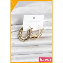 Havor Bambu Desenli 316L Paslanmaz Çelik Halka Küpe Gold