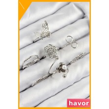 Havor Pirinç Yüzük Seti Kelebek ve Gül Desenli Gümüş Renk