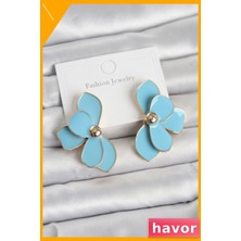 Havor Lotus Desenli Pirinç Kadın Küpe Mavi Mine
