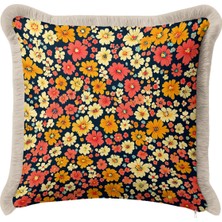 Hanna Home Dekoratif Kırlent Kılıfı Çiçek Desenli Saçaklı Kırlent Ev Dekorasyonu 43X43 cm Dijital Baskılı