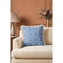 Hanna Home Saçaklı Kırlent Kılıfı Geometrik Mavi Beyaz Yastık Kılıfı Oturma Odası Kırlenti 43X43 cm