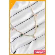Havor Zirkon Taşlı Damla Desenli Kadın Kolye Pirinç Kaplama