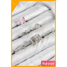 Havor Pirinç Yüzük Seti Kelebek ve Kalp Desenli Gümüş Rengi