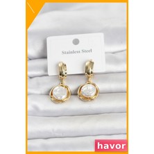 Havor Paslanmaz Çelik Inci Detaylı Kadın Küpe 316L Gold Renk