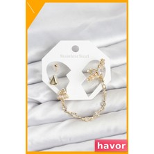 Havor Zincir Bağlantılı Kulak Kıkırdağı Küpe Seti Altın Ton