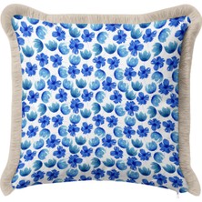 Hanna Home Dekoratif Yastık Kılıfı Mavi Tropikal Çiçek Desenli Saçaklı Kırlent Salon Koltuk Yastığı 43X43 cm