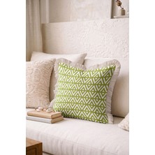 Hanna Home Dekoratif Kırlent Kılıfı Yeşil Geometrik Desenli Oturma Odası Kırlenti Saçaklı Kırlent Kılıfı 43X43 cm