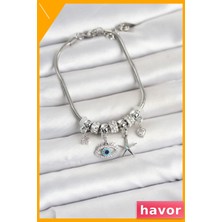 Havor Göz Model Charmlı Pirinç Kadın Bileklik Gümüş Renk