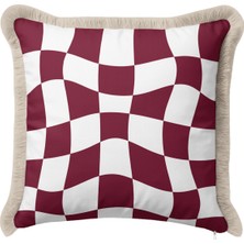 Hanna Home Saçaklı Yastık Kılıfı Krem Beyaz Kare Desenli Bordo Beyaz Dekoratif Kırlent Kılıfı Ev Dekorasyonu 43X43 cm
