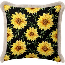 Hanna Home Saçaklı Kırlent Kılıfı Kırlent Kılıfı Ayçiçekli Siyah Zemin Yastık Kılıfı Kanepe Dekorasyonu 43X43 cm