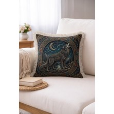 Hanna Home Dekoratif Kırlent Kılıfı Gece Kurt Desenli Oturma Odası Kırlenti Saçaklı Kırlent Kılıfı 43X43 cm