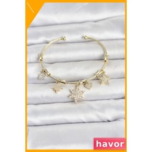 Havor Zirkon Taşlı Lotus Detay Charmlı Pirinç Kadın Bileklik Altın Rengi