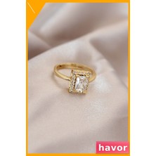 Havor Dikdörtgen Model Ayarlanabilir Metal Yüzük Zirkon ve Kristal Taşlı
