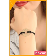 Havor Siyah Deri Ipli Unisex Mod Bilekliği