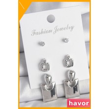 Havor Zirkon Taşlı Pirinç Kare Küpe Seti 3 Çift