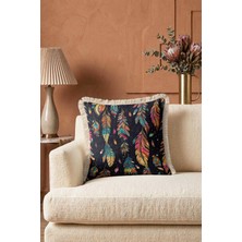 Hanna Home Tüy Desenli Siyah Zeminli Saçaklı Kırlent Kılıfı Yastık Kılıfı Yatak Odası Dekoru 43X43 cm